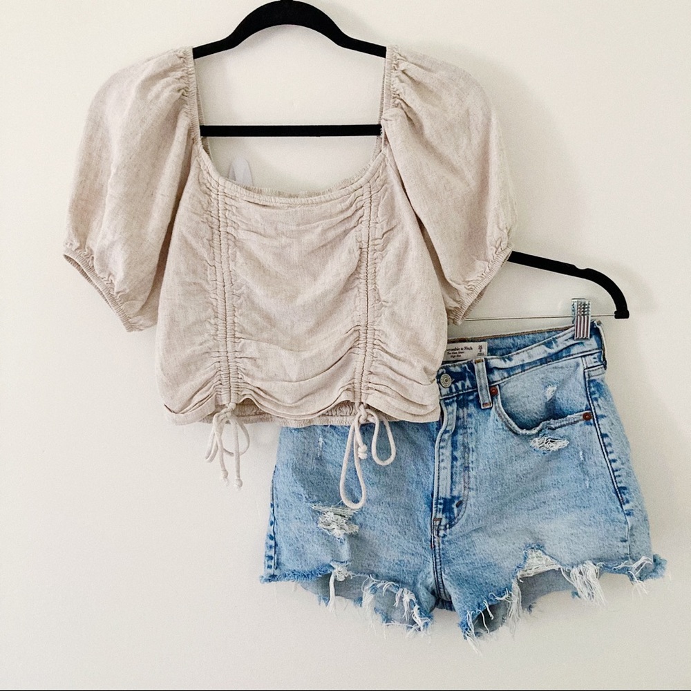 Beige Puff Sleeve Cinched Front Crop Top